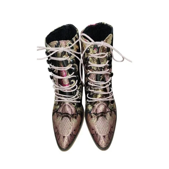 Womens Brocade Lace-Up Ankle Boots Floral Design High Block Heel Size 39 EU 8.5 - Picture 2 of 6